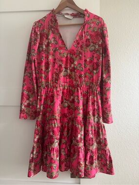 Pink Floral V-Neck Long Sleeve Tiered Dress